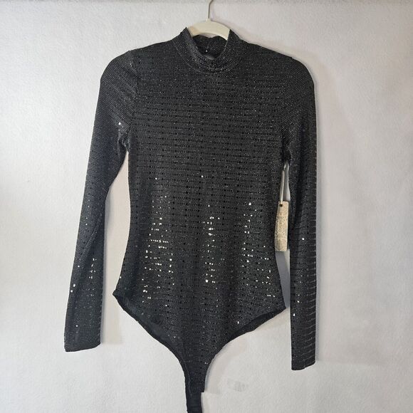 NWT IRIS Sz M Sparkle Black Long Sleeve Mock Neck Bodysuit - Picture 1 of 7